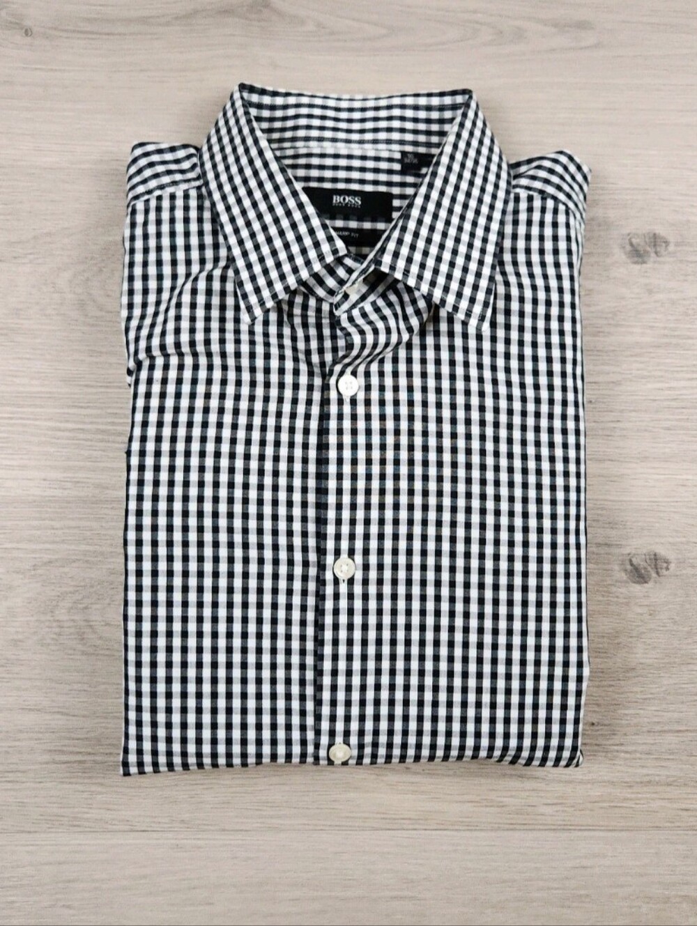 Boss Dress Shirt Mens 16 Black White Long Sleeve Button Up Check Sharp Fit - Picture 5 of 8